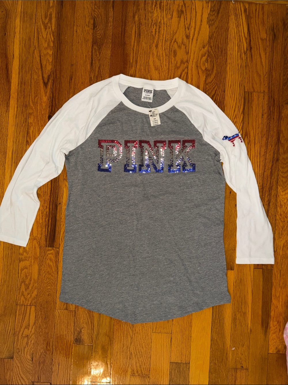 PINK Victoria's Secret Gray & White Raglan Sequin Logo Three Quarter Tee